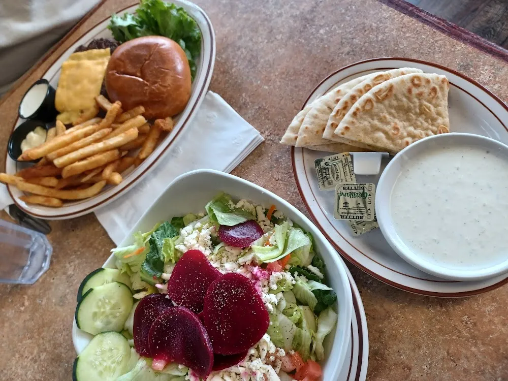 Greek Salad and Cheese Burger with Fries
